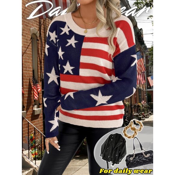 Women American Flag Sweater Long Sleeve Crew Neck Lightweight Patriotic Knit - Picture 6 of 6